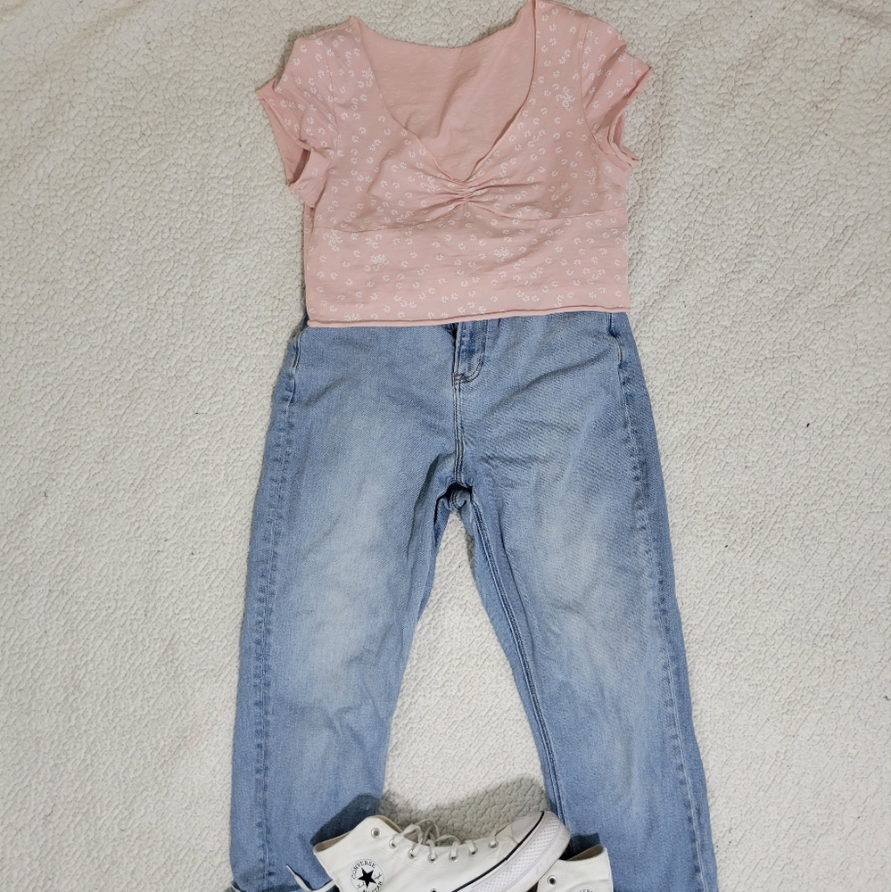 pink floral print crop top ruched v neck